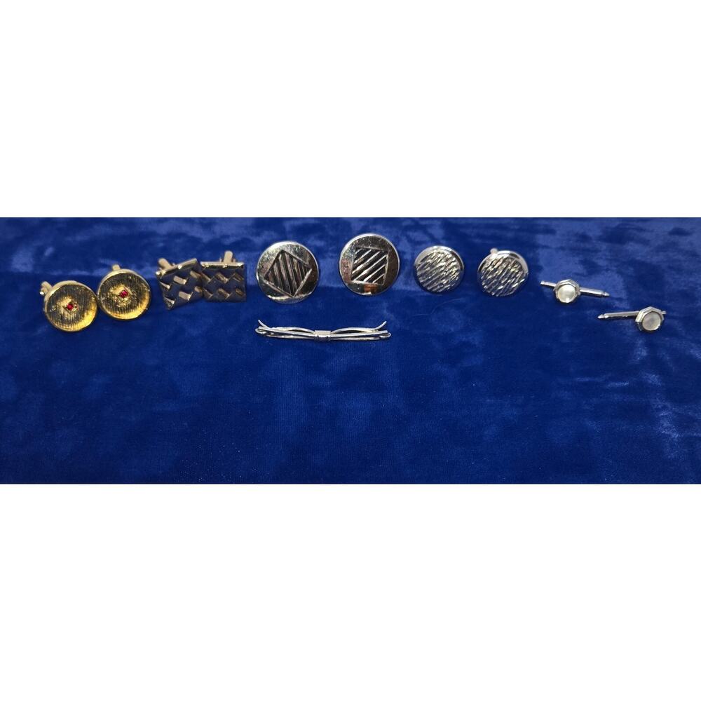 Vintage Cufflink Tie Clip Lot of 6 Silver Gold‎ Pattern Rhinestone